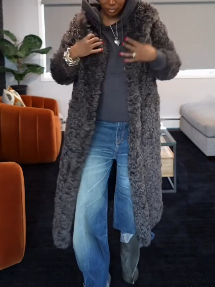 Elegant Warm Dark Grey Plush Long Coat