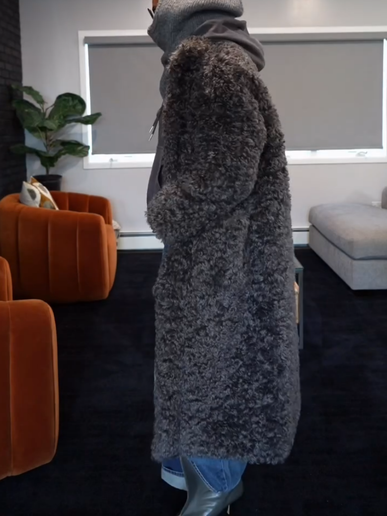 Elegant Warm Dark Grey Plush Long Coat