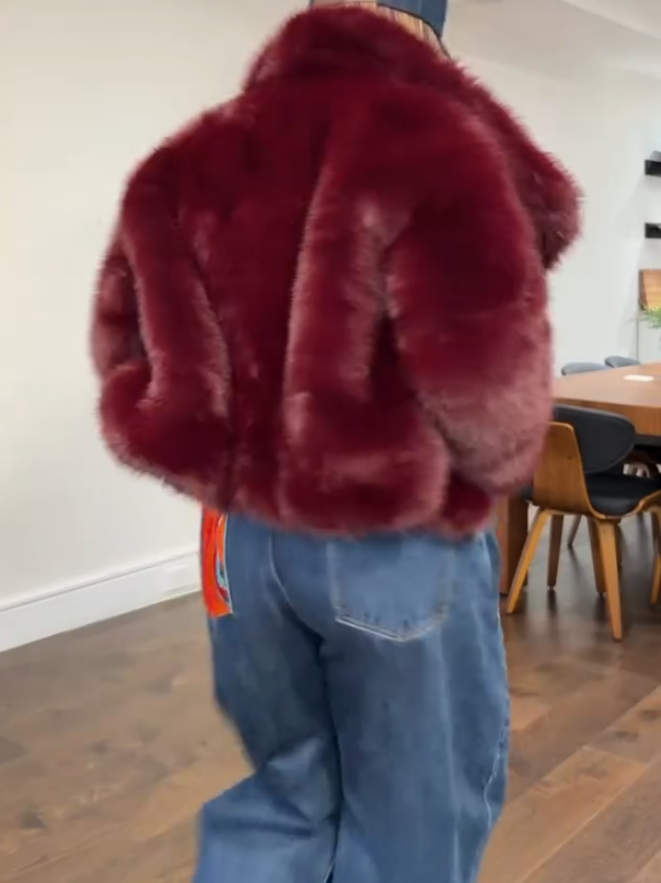 Elegant Burgundy Fox Fur Plush Jacket