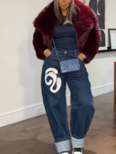 Elegant Burgundy Fox Fur Plush Jacket