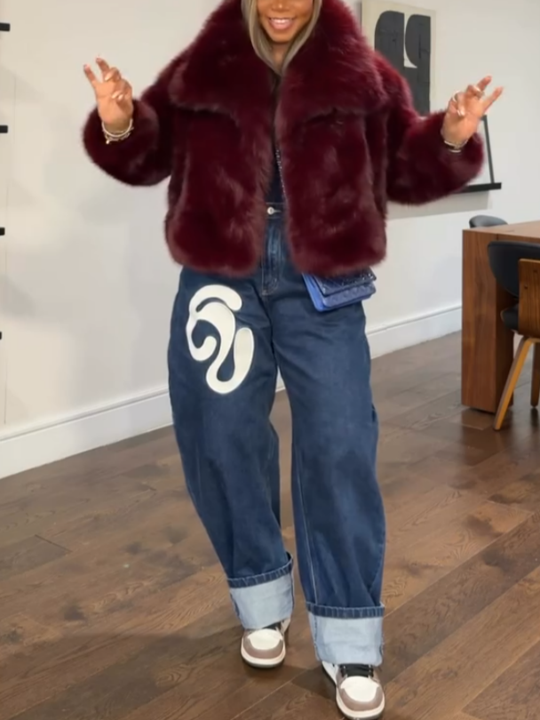 Elegant Burgundy Fox Fur Plush Jacket