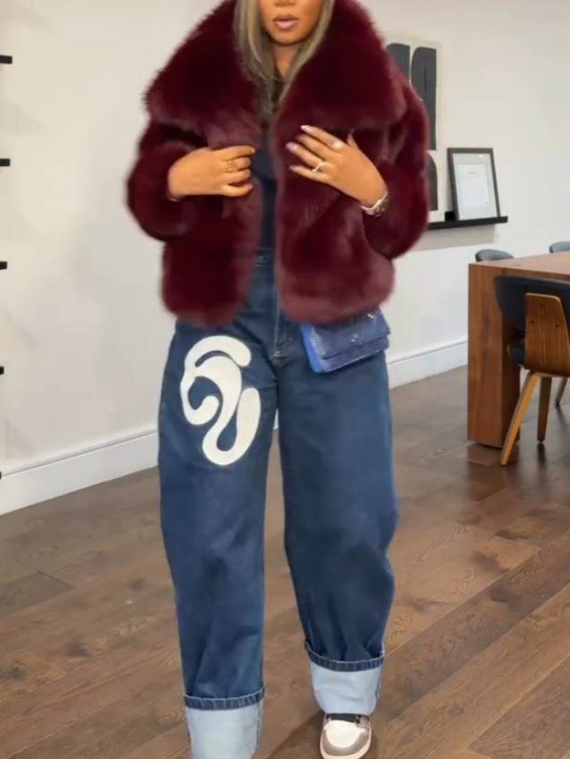 Elegant Burgundy Fox Fur Plush Jacket