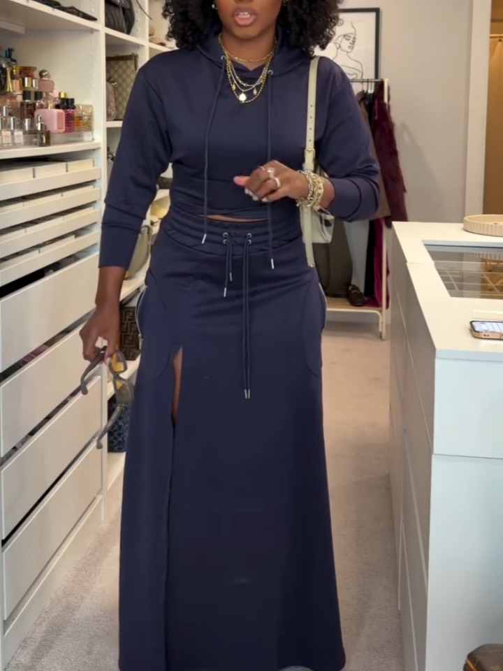 Casual Navy Blue Sweater Two-piece Set