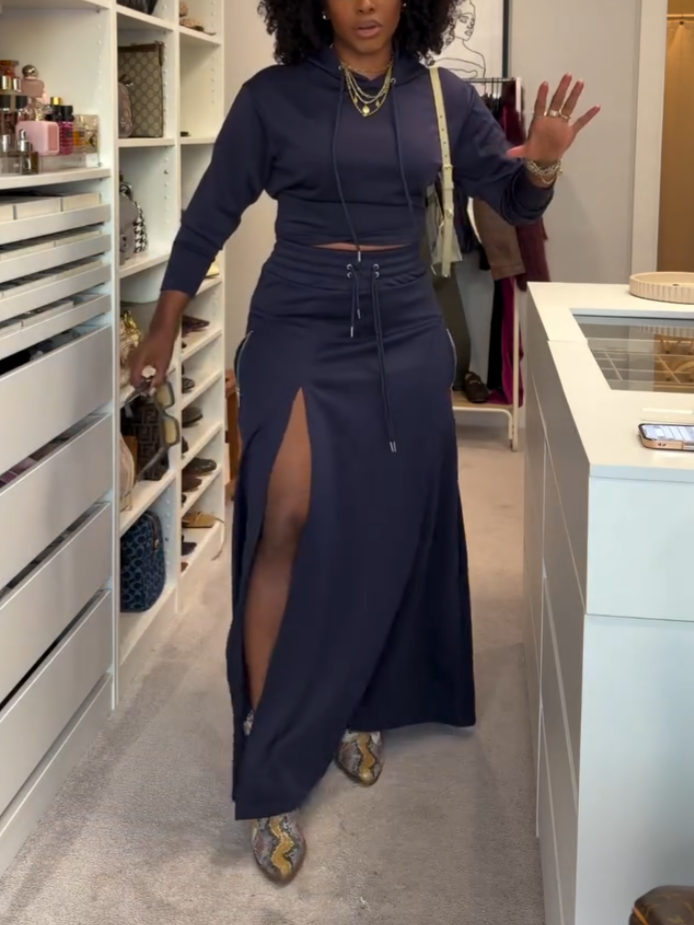 Casual Navy Blue Sweater Two-piece Set