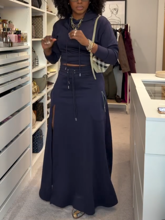 Casual Navy Blue Sweater Two-piece Set