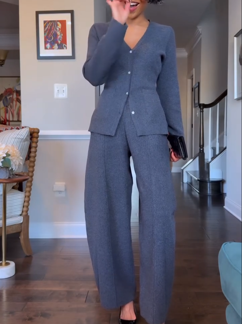 Elegant V-Neck Button Knitted Sweater Two-Piece Set