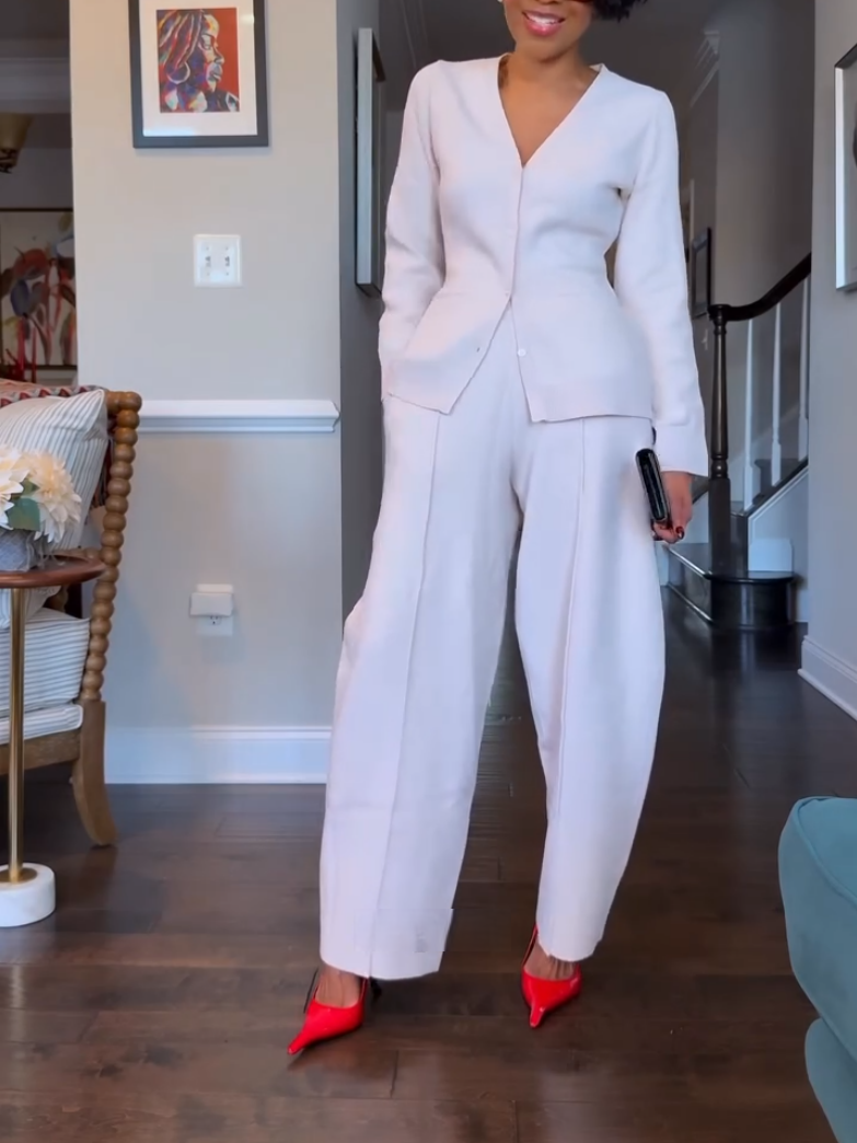 Elegant V-Neck Button Knitted Sweater Two-Piece Set