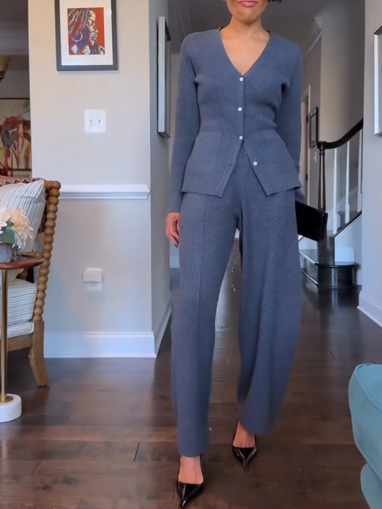 Elegant V-Neck Button Knitted Sweater Two-Piece Set