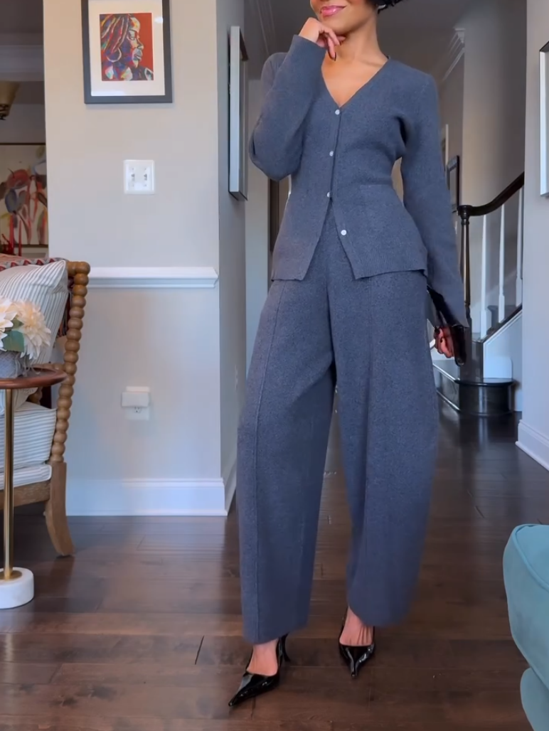 Elegant V-Neck Button Knitted Sweater Two-Piece Set