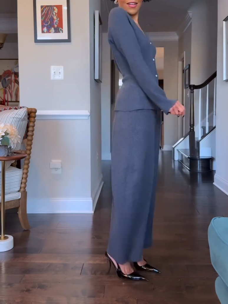 Elegant V-Neck Button Knitted Sweater Two-Piece Set