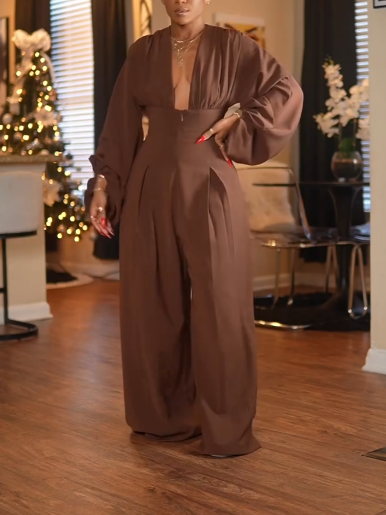 Stunning Brown V-neck Lace-up Jumpsuit