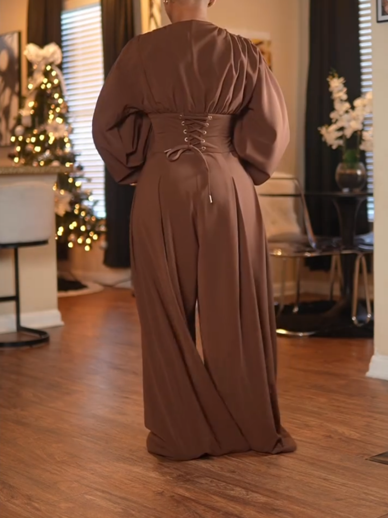 Stunning Brown V-neck Lace-up Jumpsuit