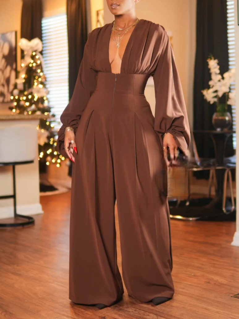 Stunning Brown V-neck Lace-up Jumpsuit
