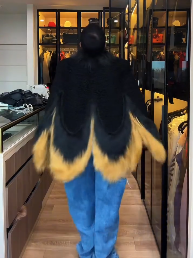 Stunning Flower Black Fox Fur Plush Jacket