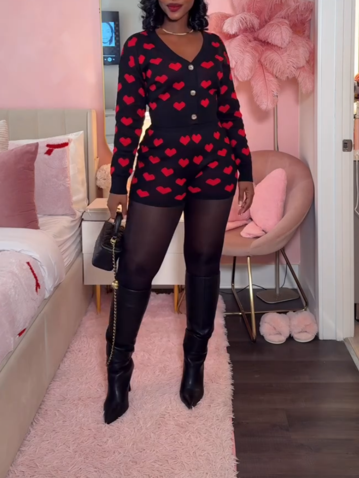 Casual Heart-Shaped Knitted Button Two-Piece Set