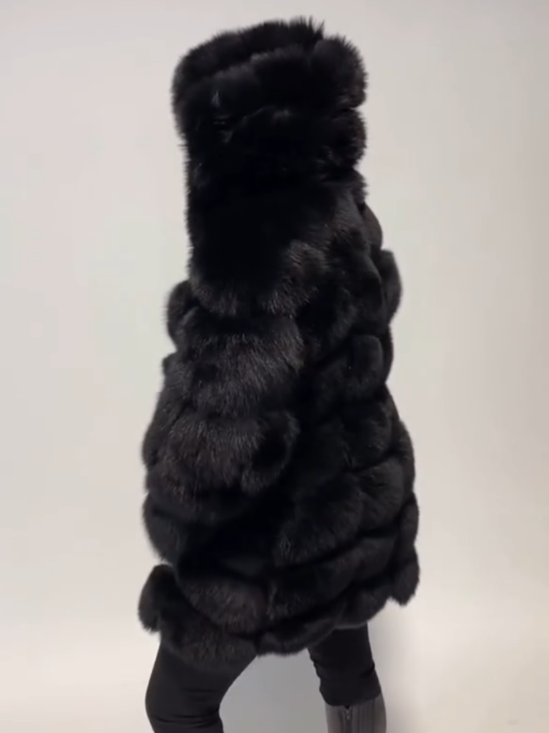 Elegant Black Hooded Fox Fur Plush Coat