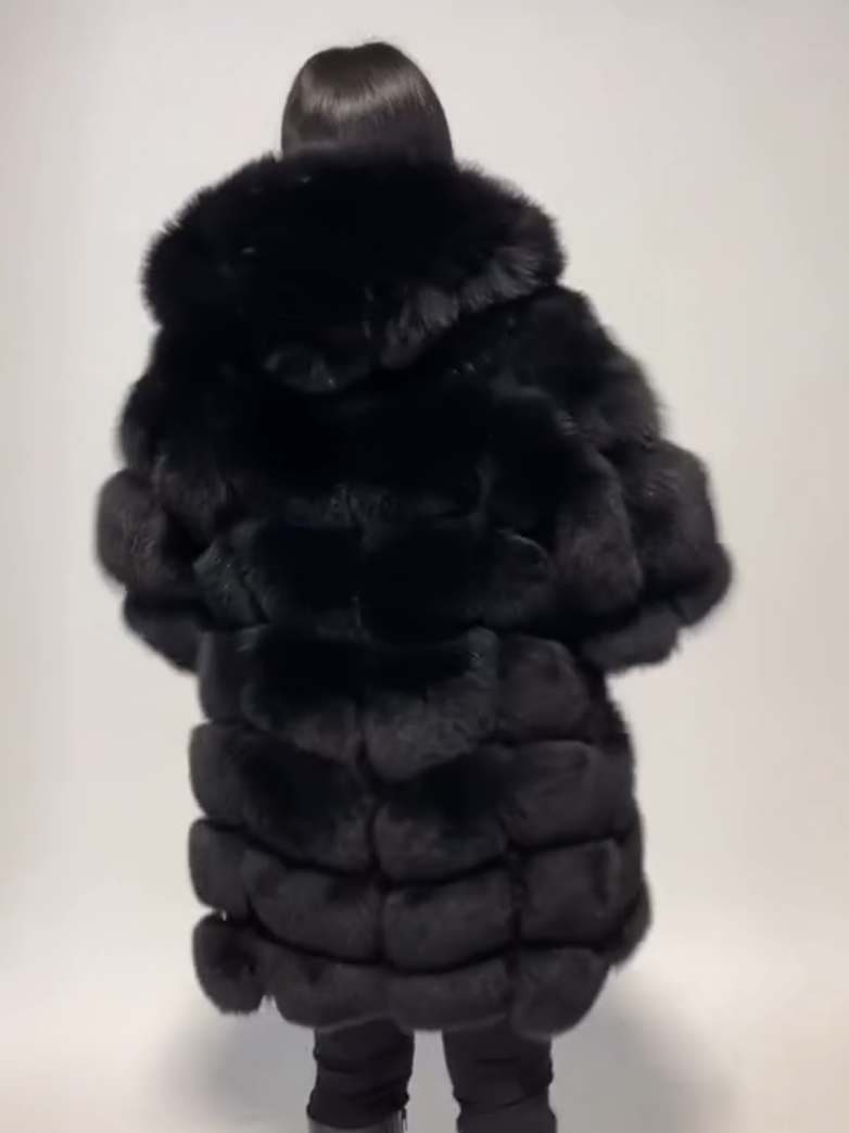 Elegant Black Hooded Fox Fur Plush Coat