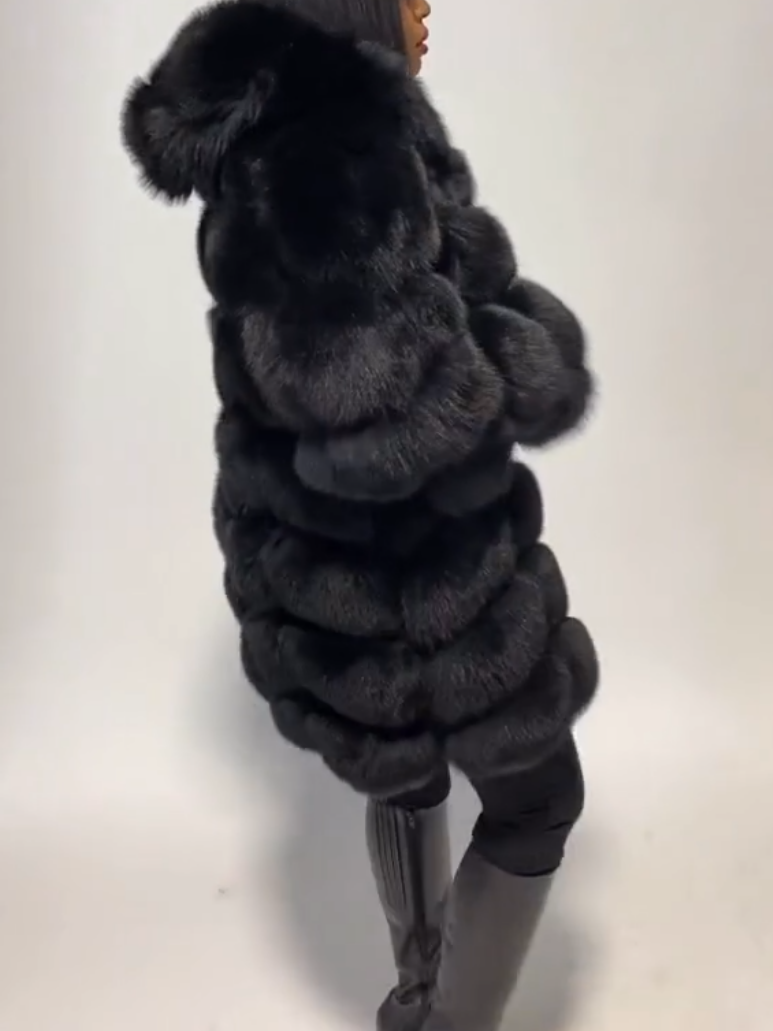 Elegant Black Hooded Fox Fur Plush Coat