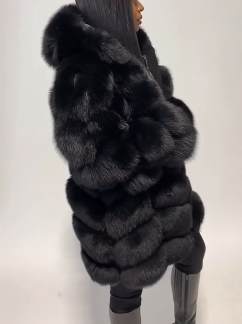 Elegant Black Hooded Fox Fur Plush Coat