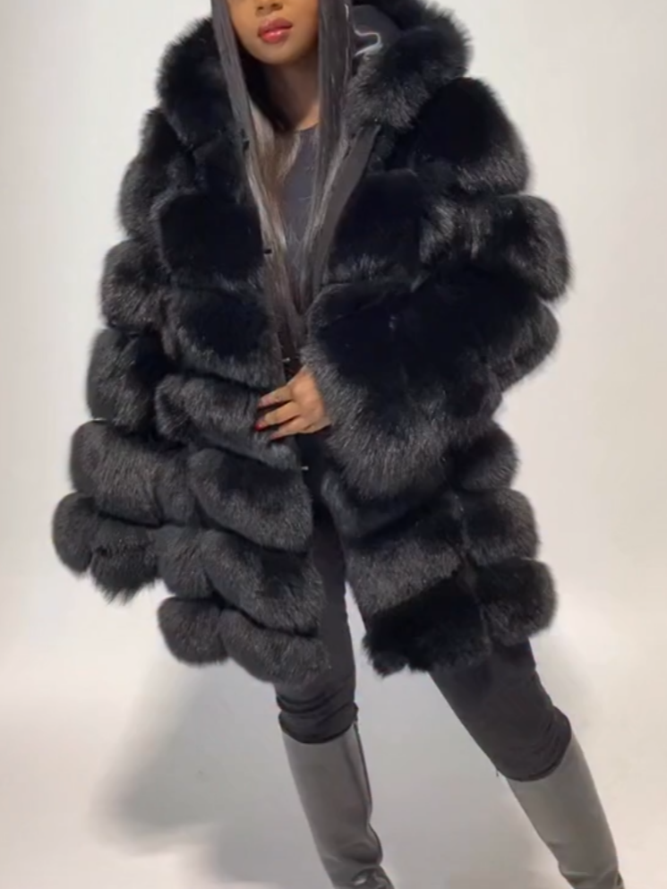 Elegant Black Hooded Fox Fur Plush Coat