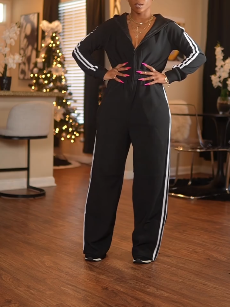 Casual Black Hooded Jumpsuit