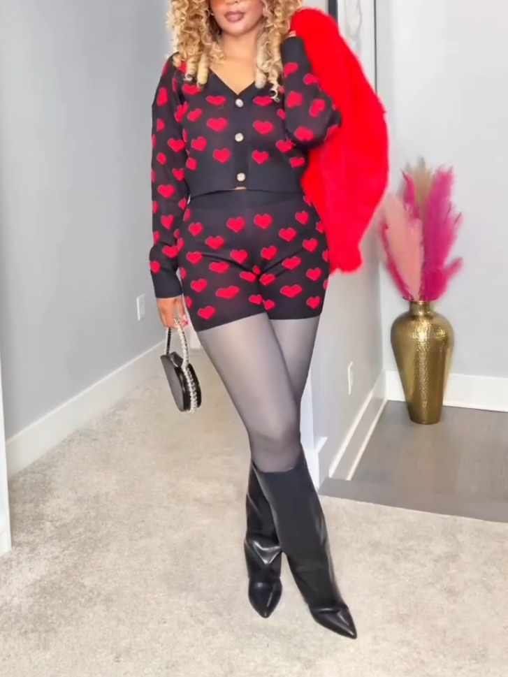 Elegant Knitted Love Print Two-piece Set