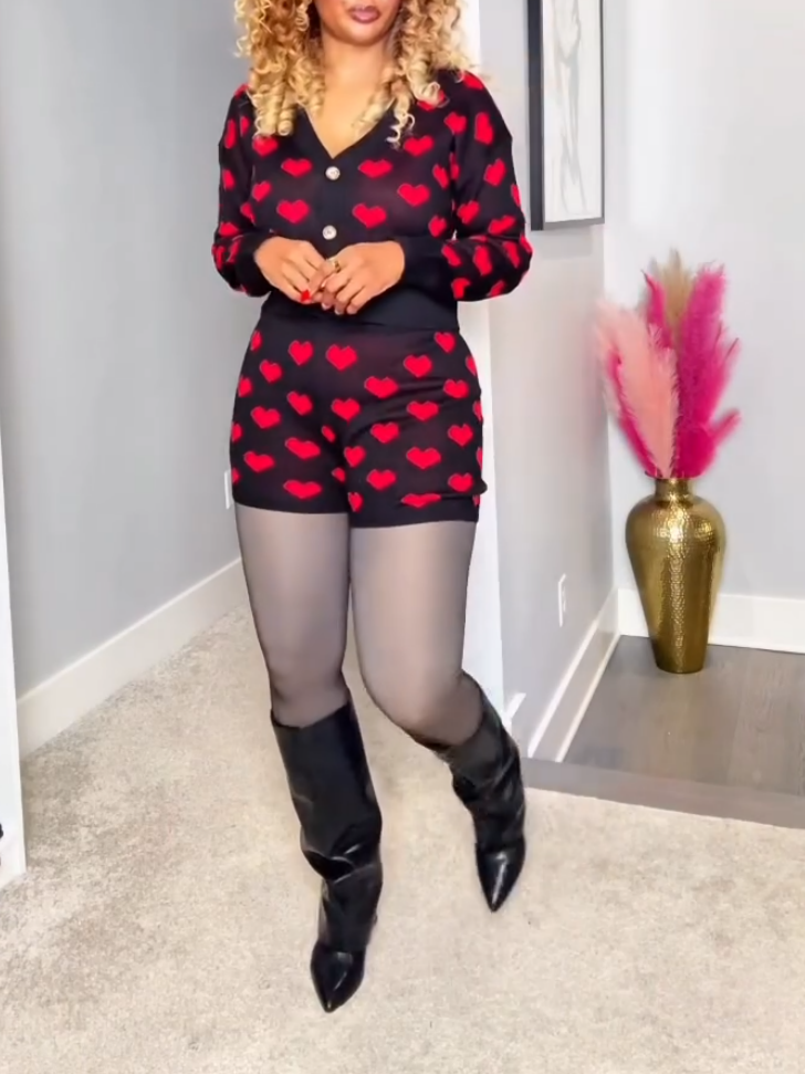 Elegant Knitted Love Print Two-piece Set