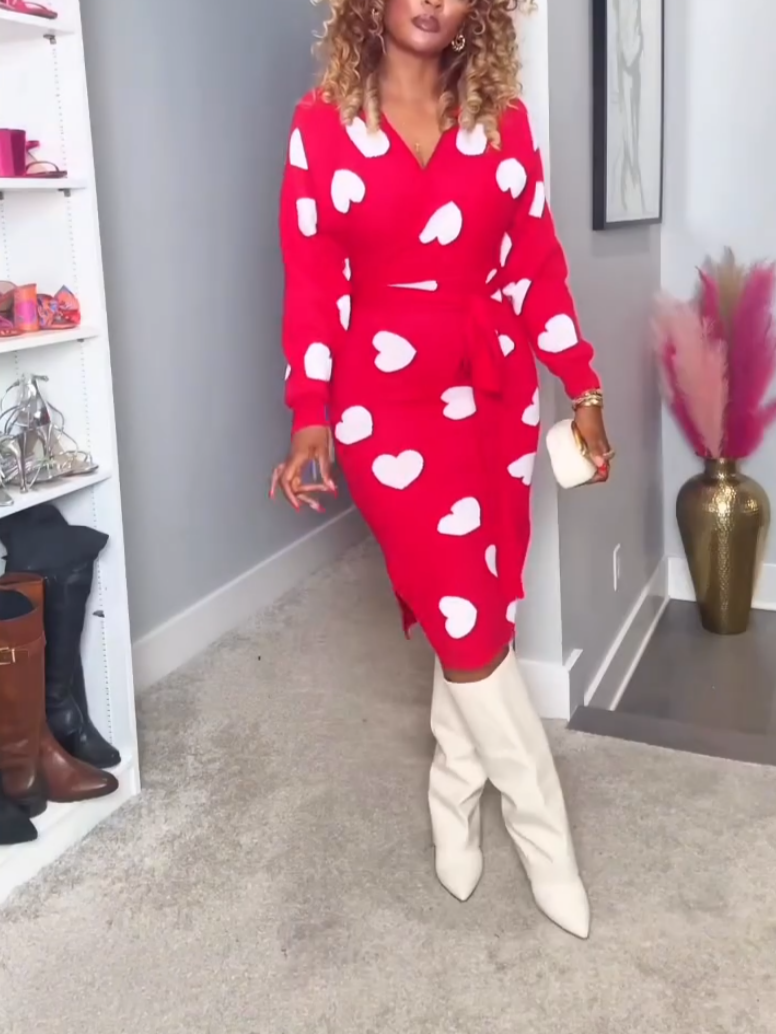 Knit Pink Heart Print Midi Dress