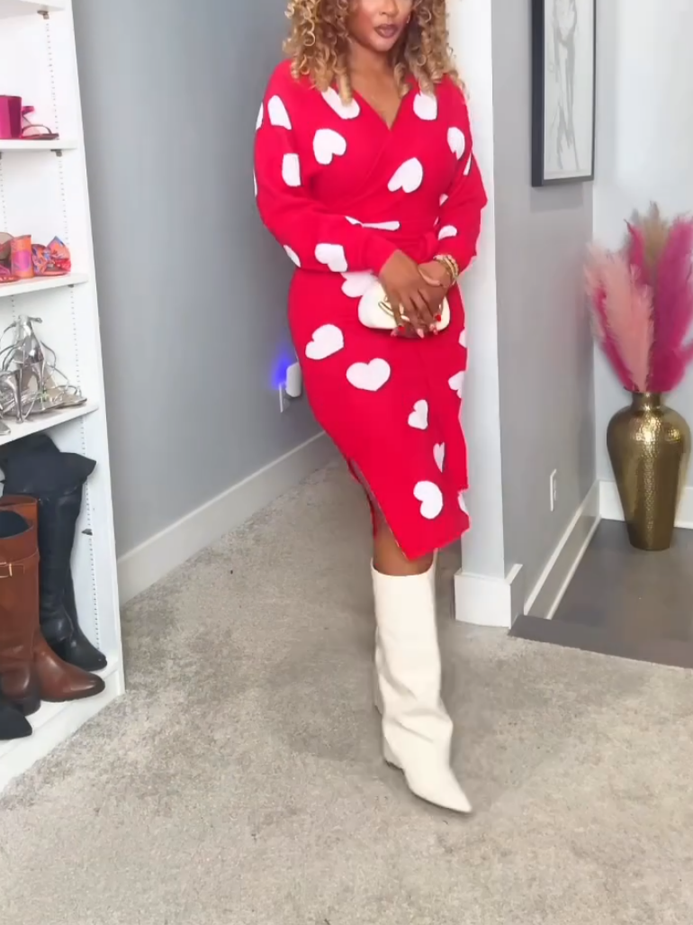 Knit Pink Heart Print Midi Dress