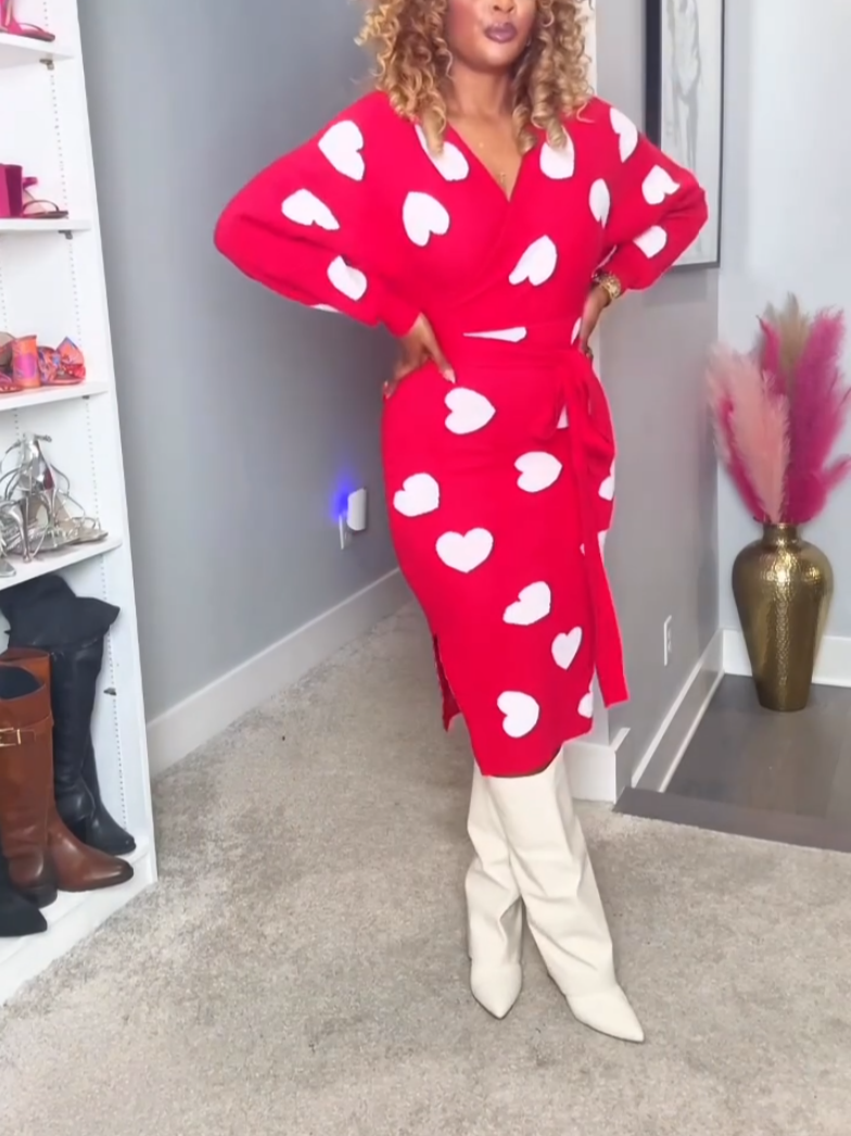 Knit Pink Heart Print Midi Dress