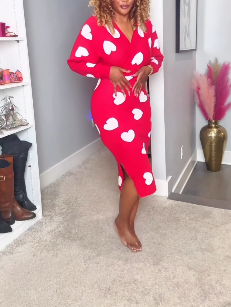 Knit Pink Heart Print Midi Dress