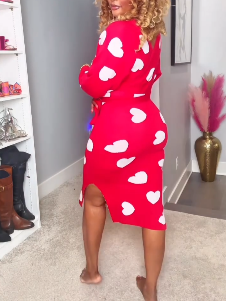 Knit Pink Heart Print Midi Dress