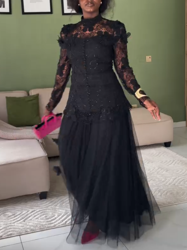 Elegant Black Long Sleeve Pleated Lace Dress