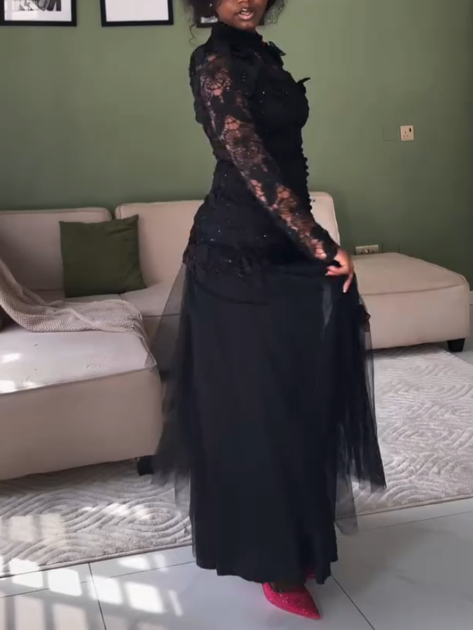 Elegant Black Long Sleeve Pleated Lace Dress