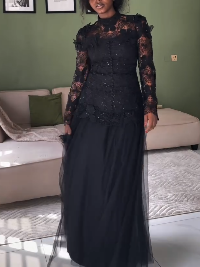 Elegant Black Long Sleeve Pleated Lace Dress