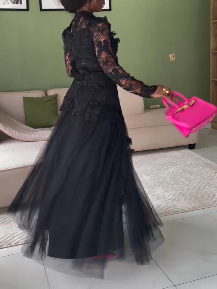 Elegant Black Long Sleeve Pleated Lace Dress