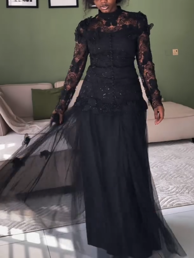 Elegant Black Long Sleeve Pleated Lace Dress