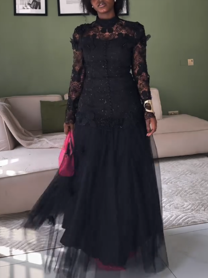 Elegant Black Long Sleeve Pleated Lace Dress