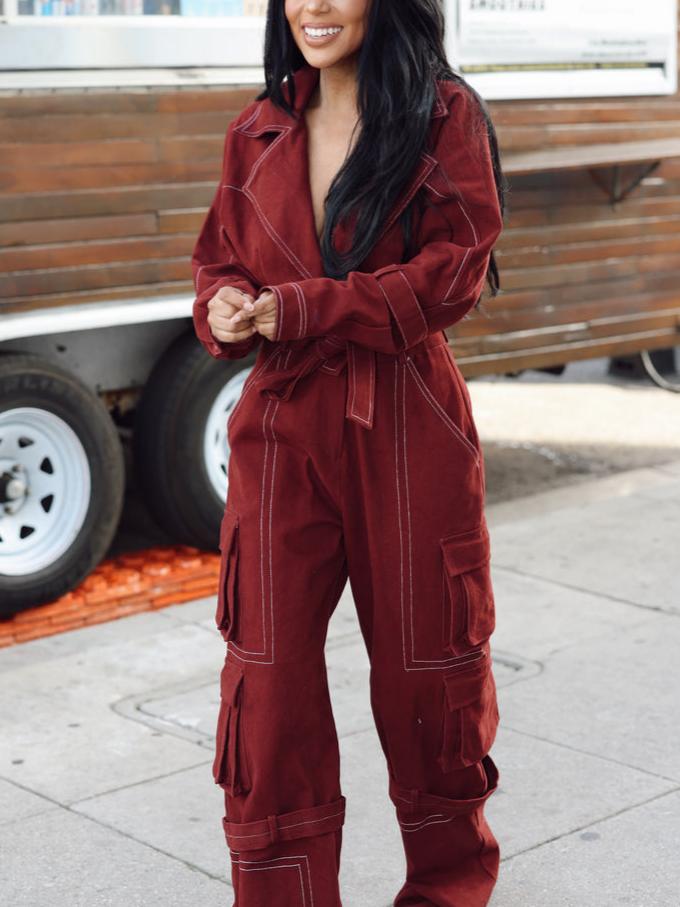 Burgundy Elegant Lace-Up Jumpsuit