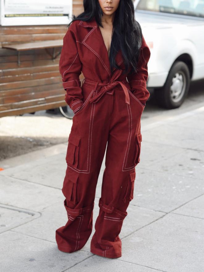 Burgundy Elegant Lace-Up Jumpsuit