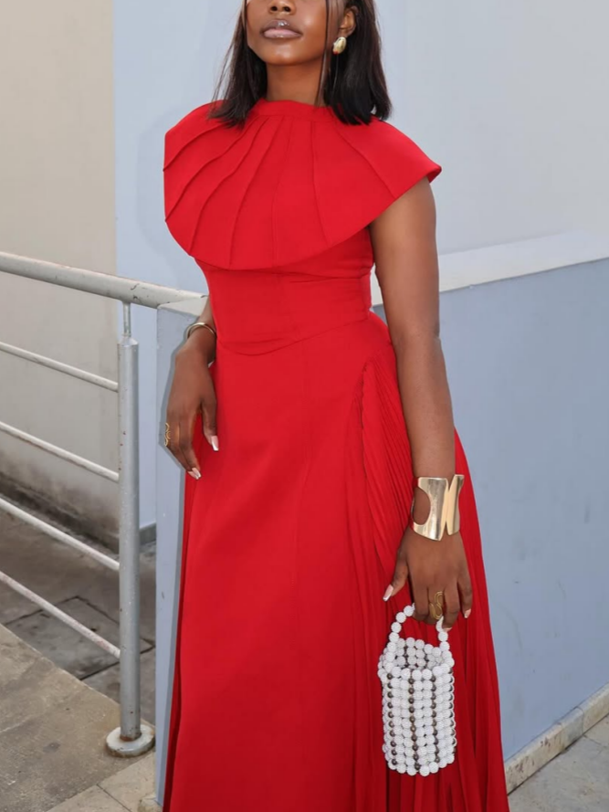 Elegant Red Shawl Sleeveless Midi Dress