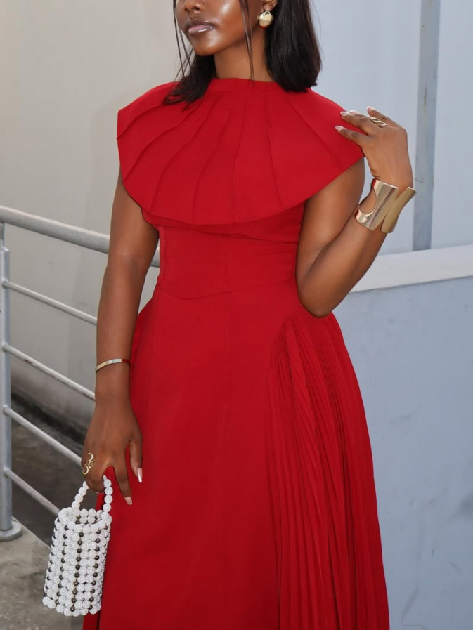 Elegant Red Shawl Sleeveless Midi Dress