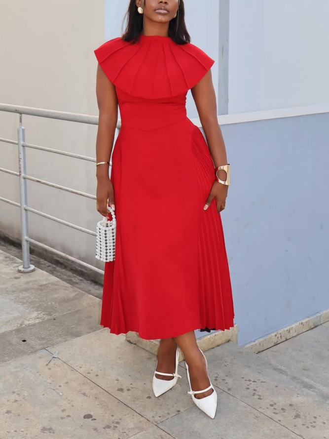Elegant Red Shawl Sleeveless Midi Dress