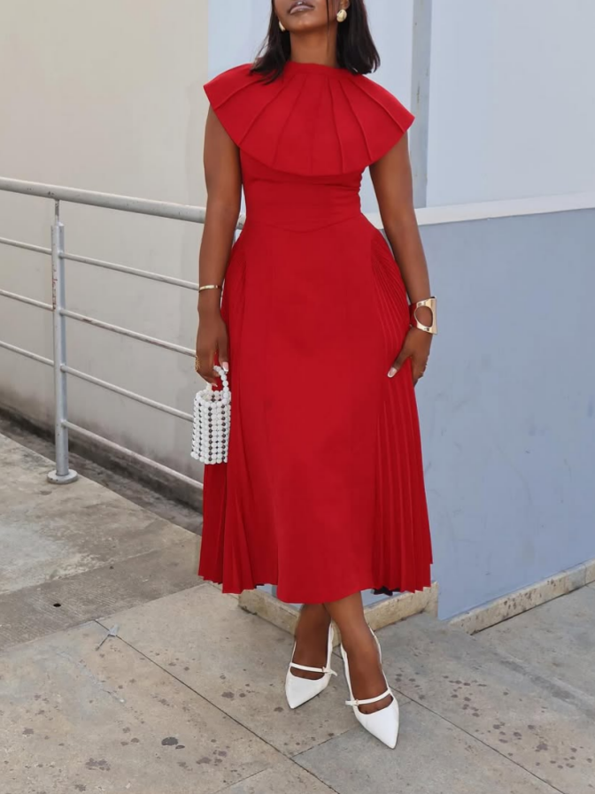 Elegant Red Shawl Sleeveless Midi Dress