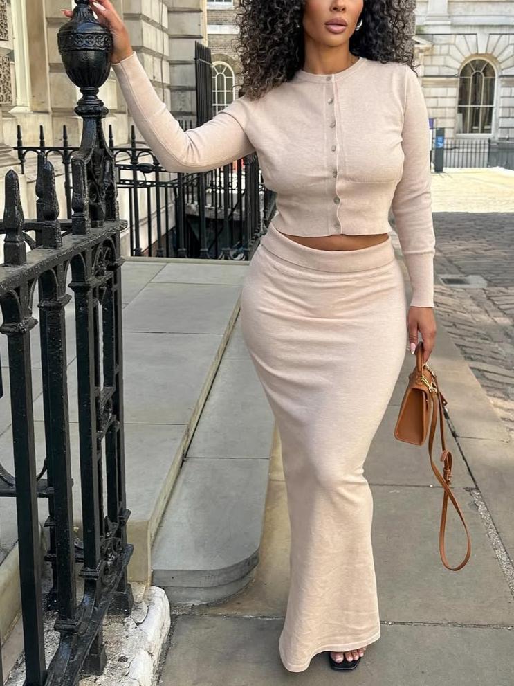 Elegant Apricot Knitted Button Two-piece Dress