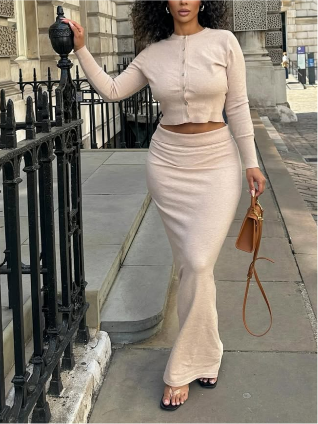 Elegant Apricot Knitted Button Two-piece Dress