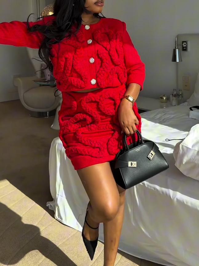 Elegant Red Knitted Button Two-piece Set
