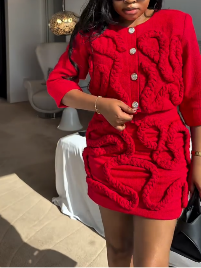 Elegant Red Knitted Button Two-piece Set