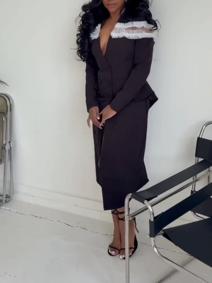 Elegant Black Button Ruffled Midi Dress