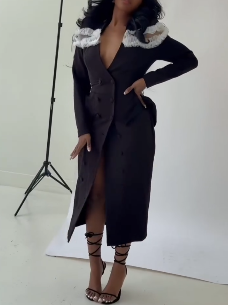 Elegant Black Button Ruffled Midi Dress